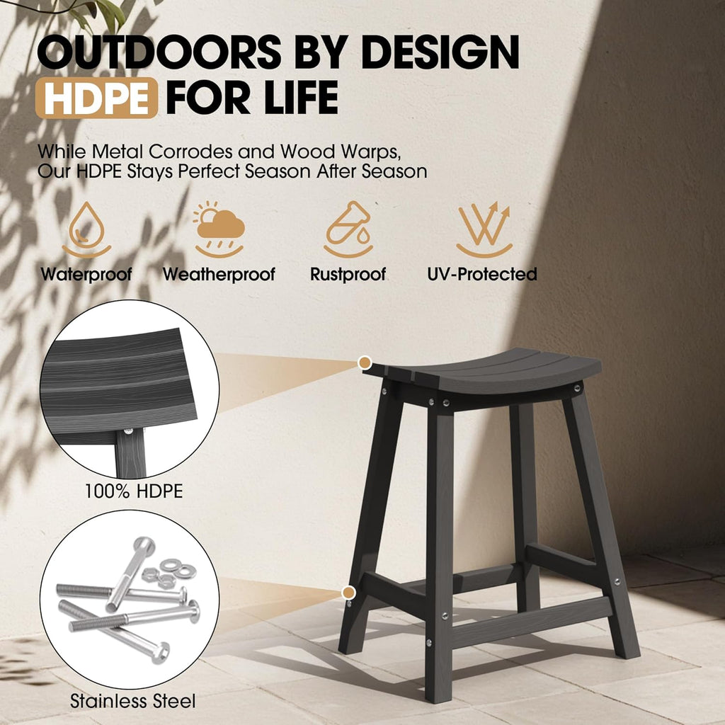 2 Set 24" Outdoor Bar Stools Heavy Duty HDPE Counter Height Bar Stools Weatherproof Patio Seats Modern Waterproof