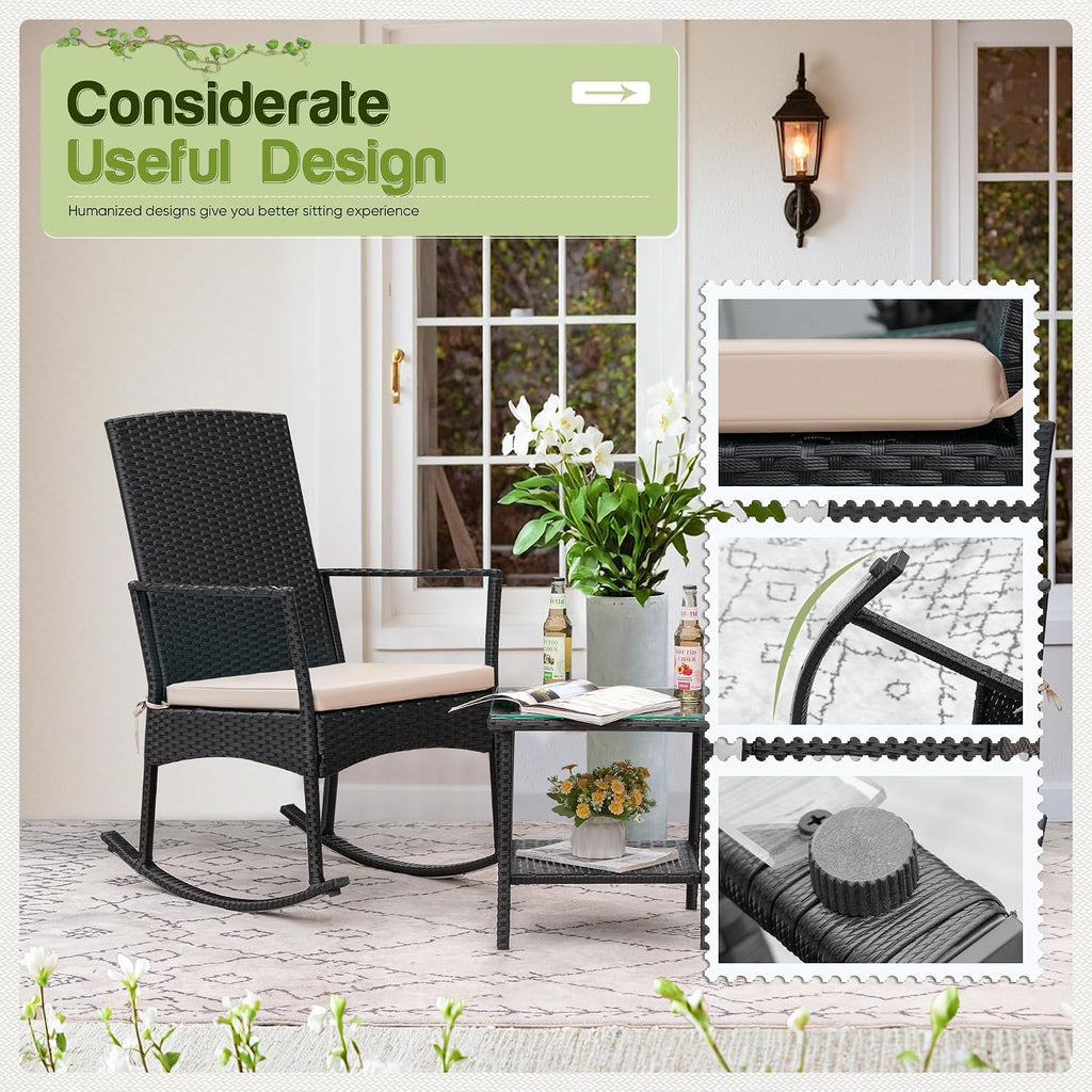 Rocking Chair Outdoor High Back Patio Chairs with Table,Beige | PE Rattan Porch Rocker Patio Conversation Sets for