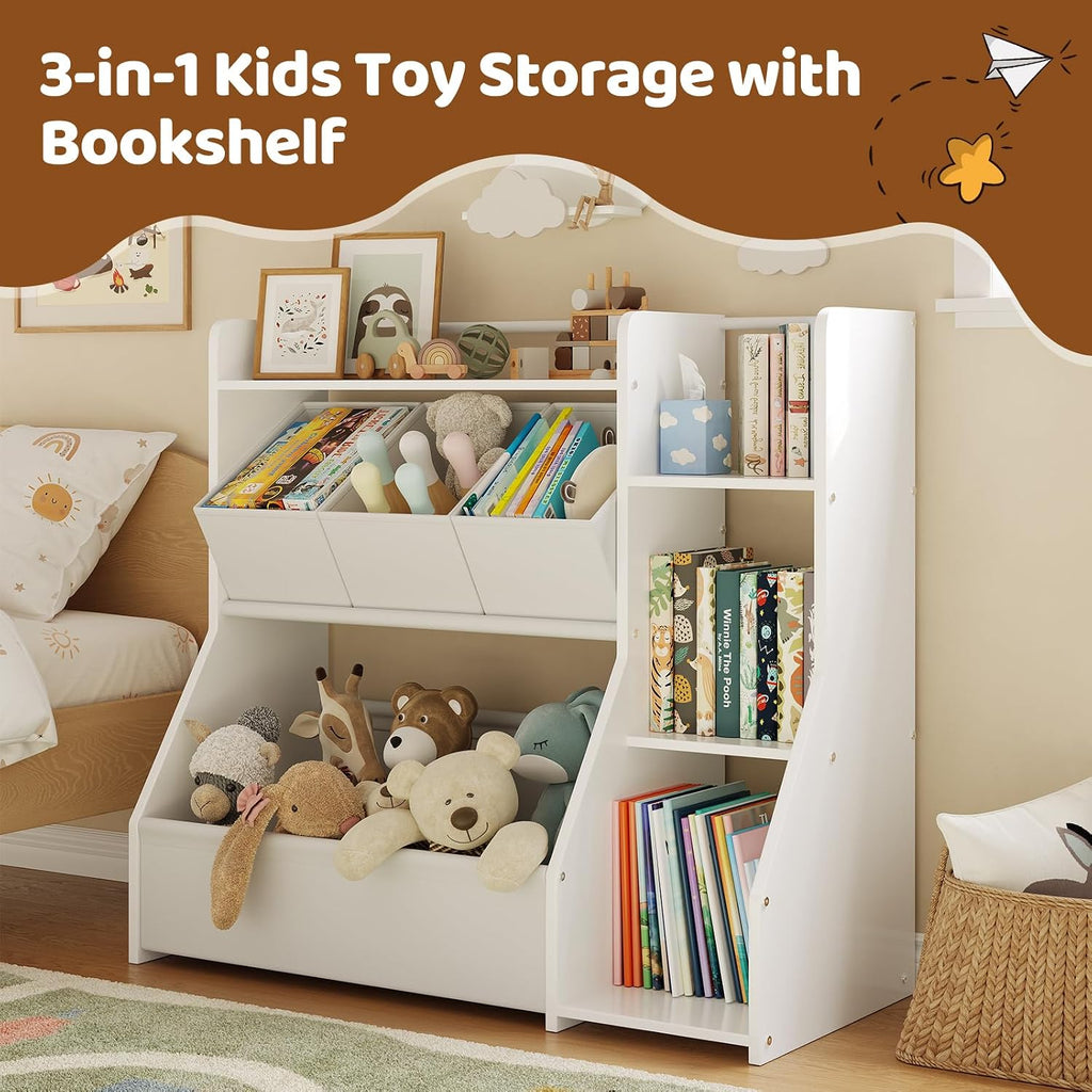 Kids Toy Storage Organizer with Bookshelf | Three-tier bookshelf and spacious toy bin encourage independent reading