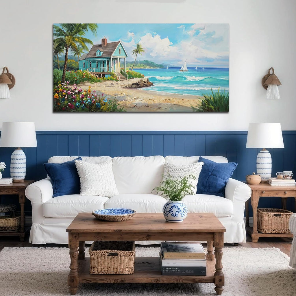 Tropical Coastal Canvas Wall Art Decor | HD Print and Hand-painted Textured, Easy to Hang,Durable Colorfast