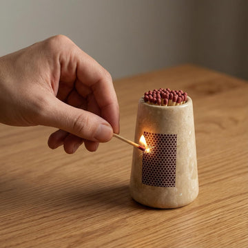 Natural Travertine Incense Match Holder with Striker - Large 3.93" Handmade Matchstick Jar for Candle, Fireplace