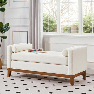 Large 51" L Boucle Bench Ottoman with 2 Bolster Pillows & Solid Wood Frame, Upholstered End of Bed Daybed Seating