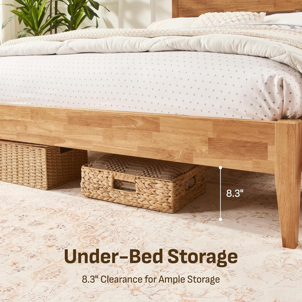Queen Solid Wood Bed Frame with Headboard, 1100 Lbs Heavy Duty Rubberwood Platform Bed, 15-Min Tool-Free