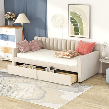 Upholstered Daybed with 2 Drawers, Twin Size Bed Frame with Storage and Wood Slat Support, Beige