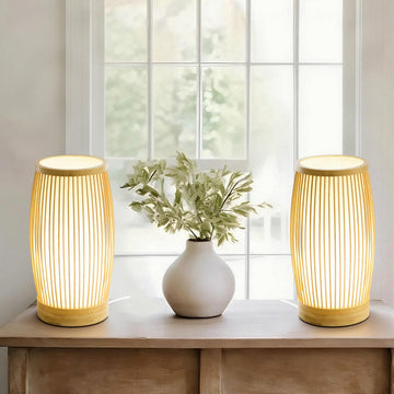Set of 2 Small Table Lamps, 11" Japandi Bamboo Bedside Lamps with Beige Linen Shades, Boho Nightstand Lamps Room