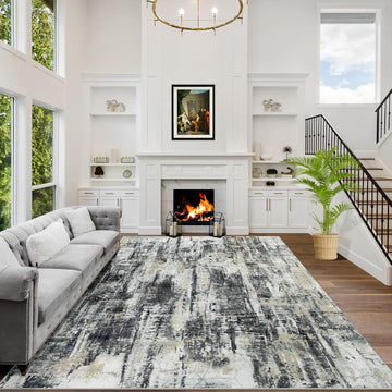 Area Rugs: Washable Abstract Black Grey Gold Carpet