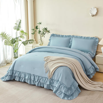 Comforter Set - 5 Pieces Ruffle Dusty Blue Bedding Sets