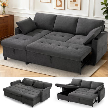 84" Sectional Pull Out Sofa Bed with Adjustable Backrests, Grey