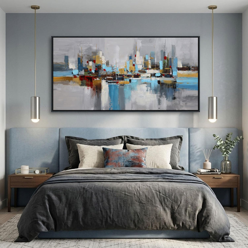 Large Blue Gold Abstract Wall Art,City Skyline Canvas Wall Decor Print,Modern Minimalist Cityscape Painting