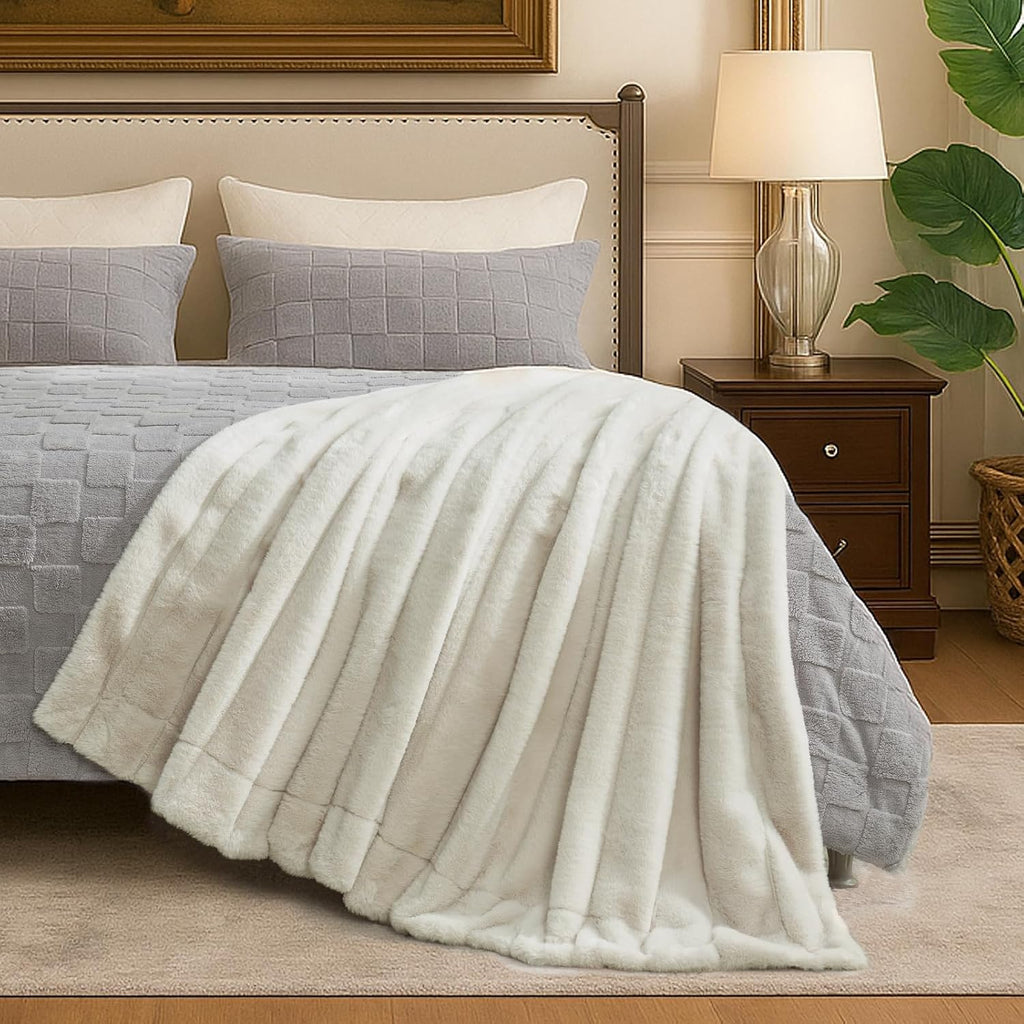Deluxe Sheared Rabbit Faux Fur Throw Blanket, Soft Fuzzy High-Low Sculpted Plush Blanket, Cozy Home Accent, All