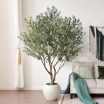 Artificial Olive Tree 8FT Faux Plant Home Decor - Large White Pot with Lifelike Silk Leaves, UV Resistant & No