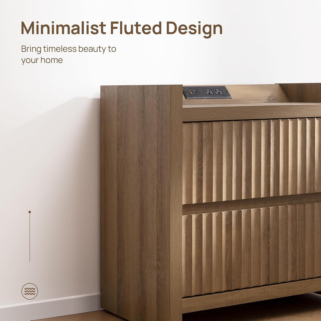 Night Stands Set of 2-Fluted Nightstands with Charging Station- Modern 2 Drawers Nightstand 25" Tall Bedside Table