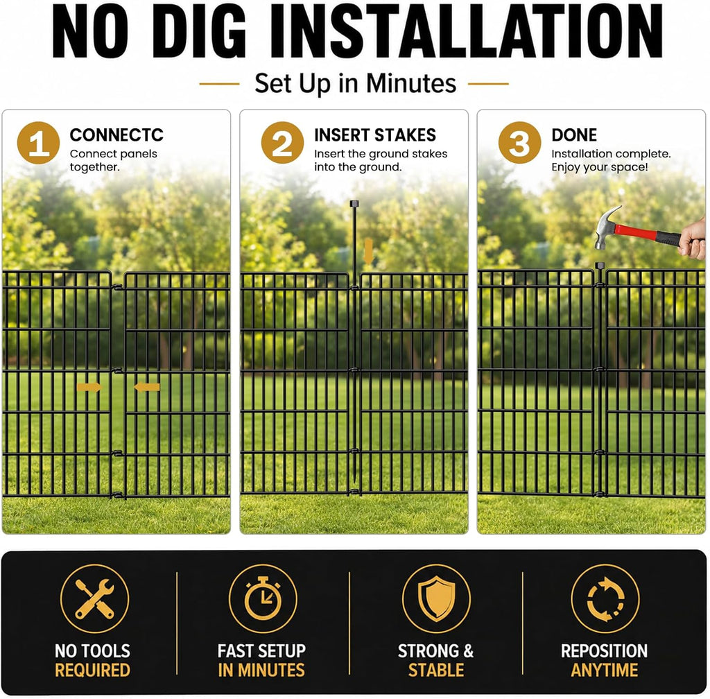 8 Panels No Dig Garden Fence with Gate, 48in(H) × 21ft(L) Decorative Metal Outdoor Dog Fence, Rustproof Pet Fencing