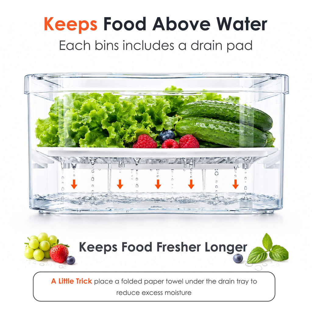 10 Pack Clear Fridge Organizer Bins with Drain Trays - Stackable