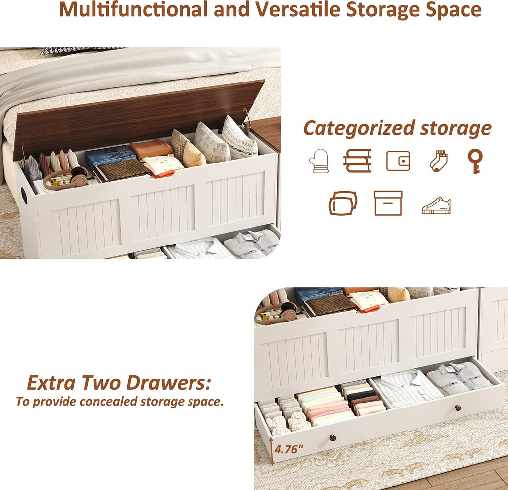 44.3" Storage Chest with 2 Drawers, Retro Wooden Storage Trunk with 2 Safety Hinges,Large Shoe Bench with Storage