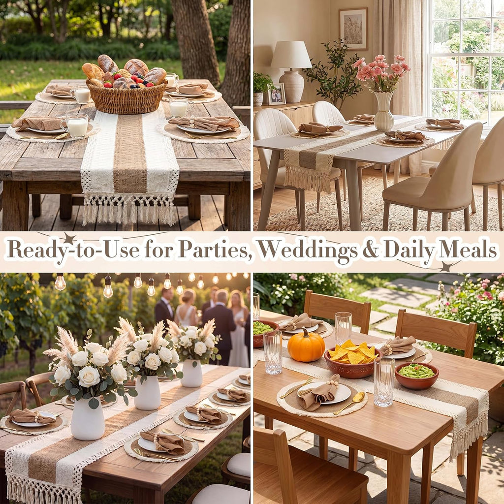 8 Sets of Placemats and Table Runner, Farmhouse Rustic Jute Decor | Round Placemats with Napkins,Wood Bead Rings,Jute
