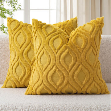 Summer Mustard Yellow Throw Pillow Covers 18x18 Inch, Soft Plush Faux Wool Solid Couch Pillows Set of 2, Decorative