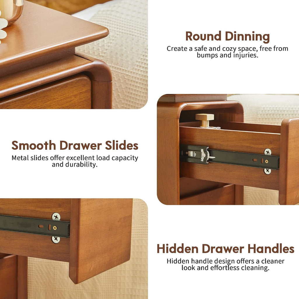 Solid Wood Nightstand, Fully Assembled Narrow Bedside Table with 3 Drawers & Hidden Handles, Mid-Century Modern End