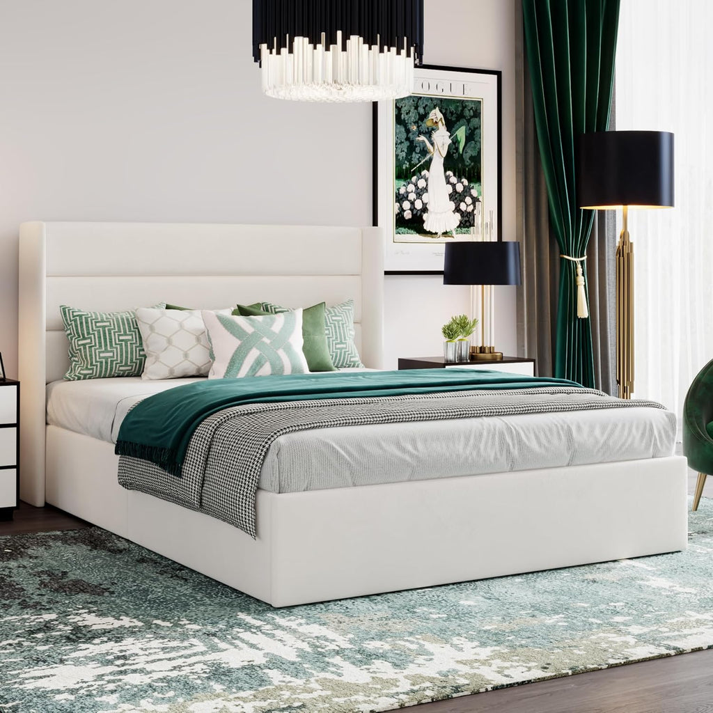 Queen Lift Up Storage Bed/Velvet Upholstered/Modern Wingback Headboard/Upholstered Platform Bed Frame/Hydraulic