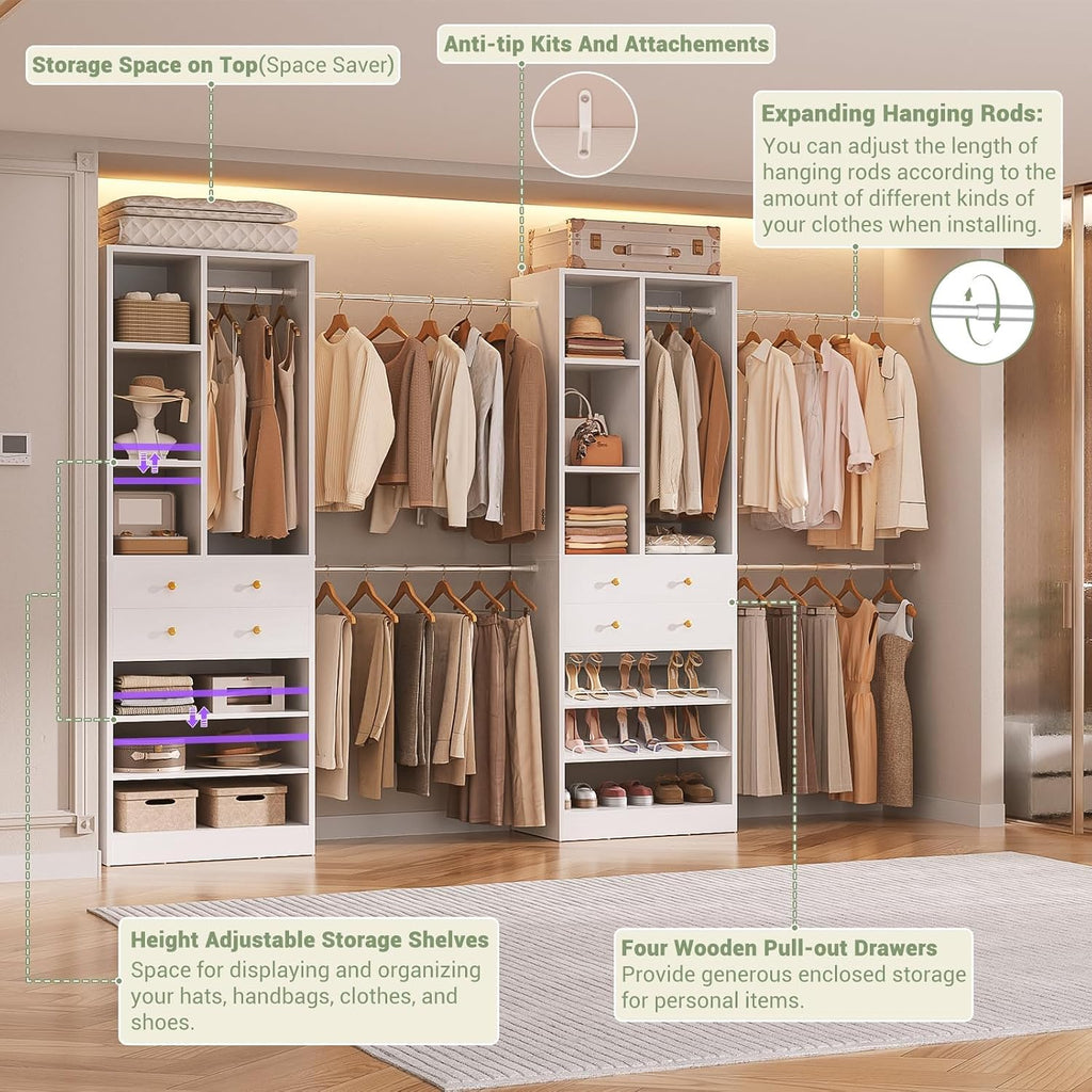 Closet System, Up to 134"/11.2 FT Closet Organizer with 4 Wooden Drawers and Shelves, Walk-in Closet System with 6