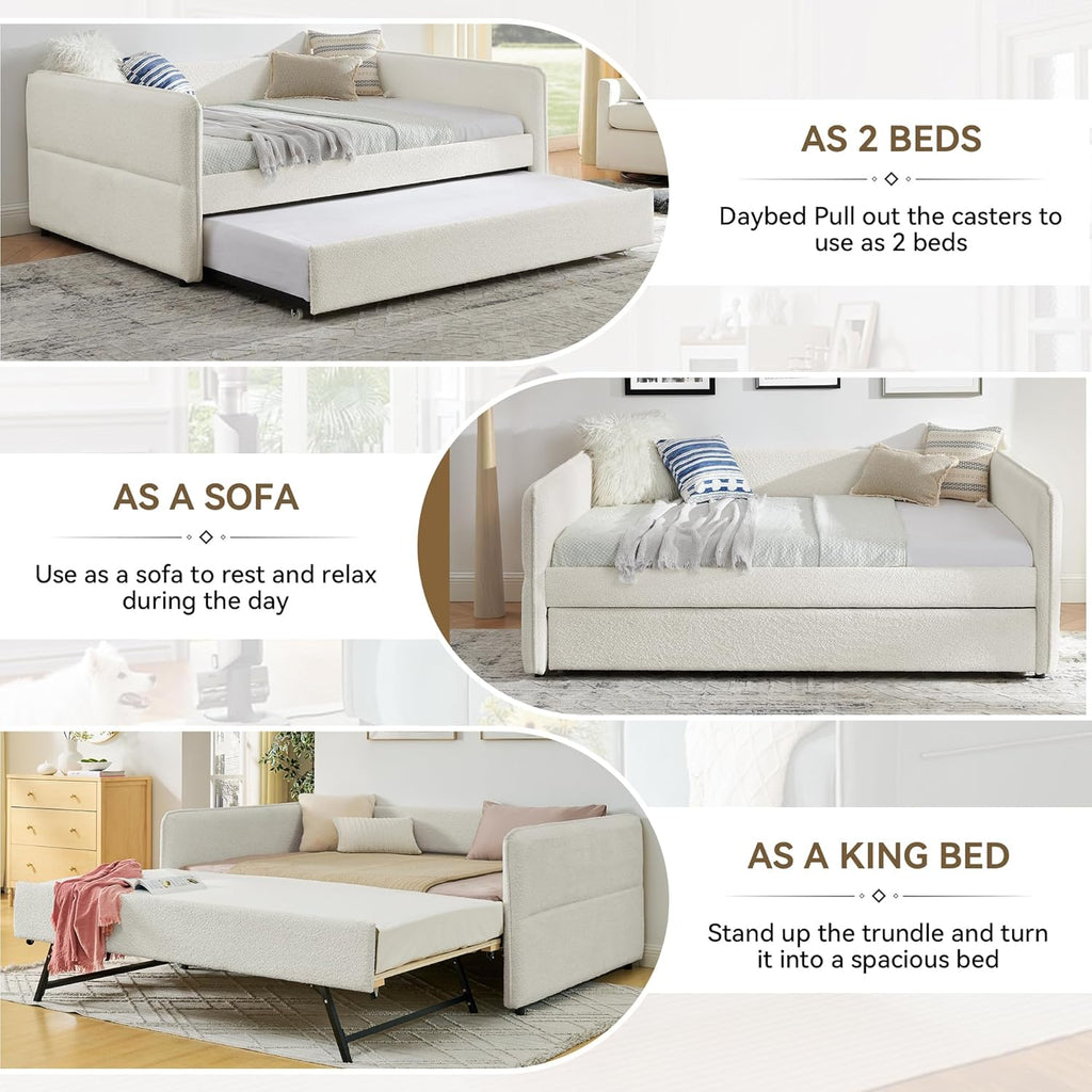Twin Size Daybed with Pop Up Trundle, Boucle Upholstered Daybed with Trundle, Twin Size Sofa Bed with Tufted Design