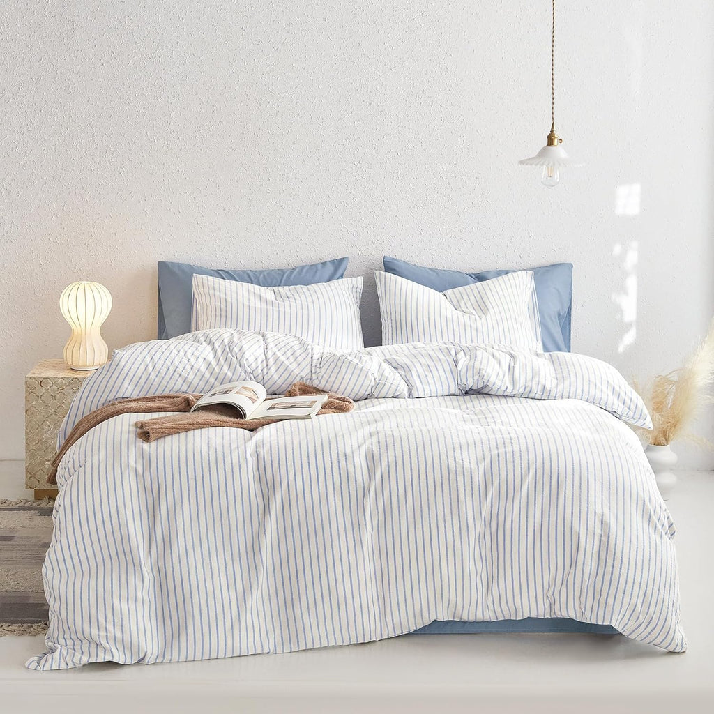Striped Cotton Duvet Cover Set, Ticking Stripe Vertical Pinstripe Farmhouse, 100% Washed Cotton Textured Bedding Set