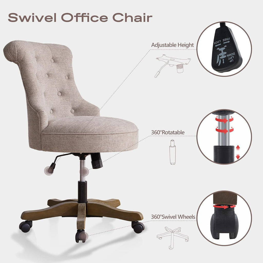 Home Upholstered Armless Linen Fabric Desk Chair with Wheels Adjustable Height Computer Desk Chair with Wooden Legs