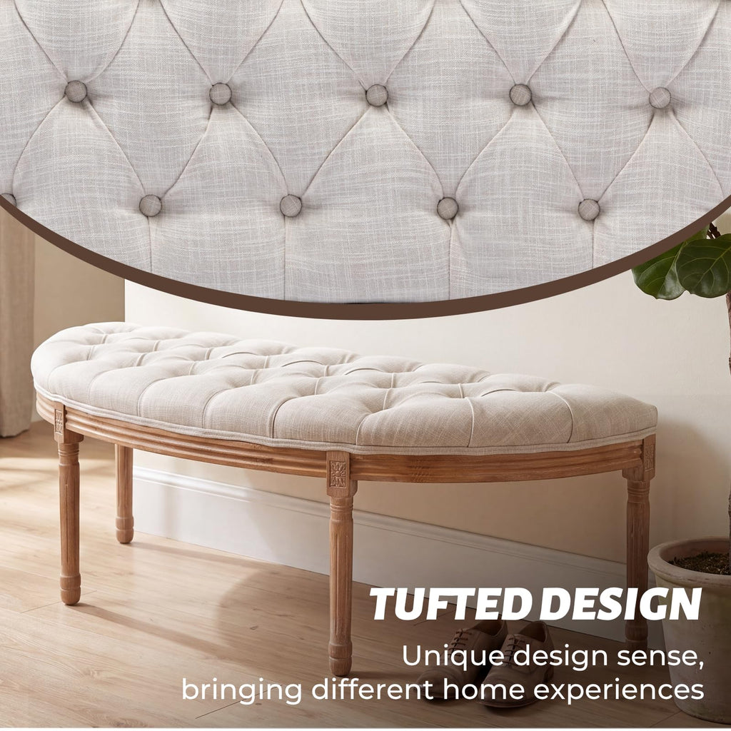 55" Button Tufted Semi-Circle Dining Bench Linen Halfmoon Entryway Bench Comfy Upholstered Bench Seat for Bay
