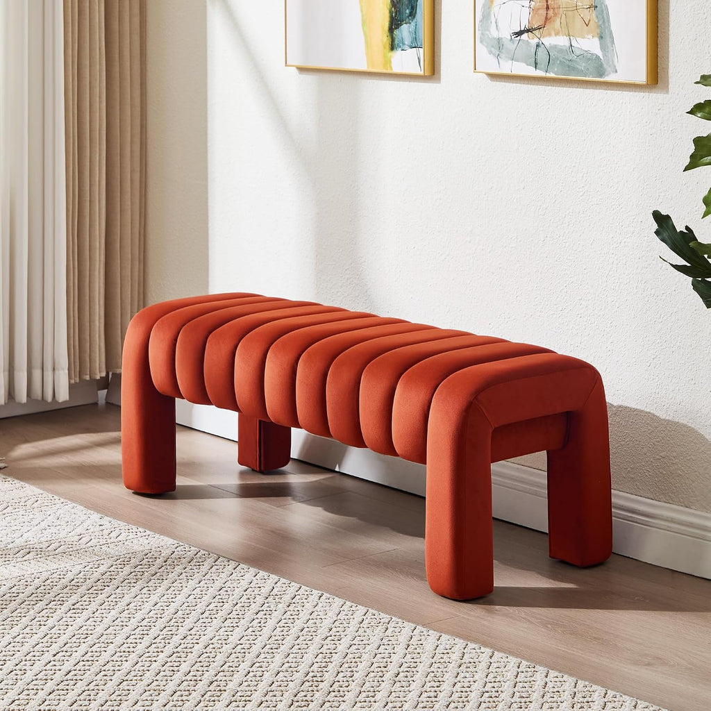 43.3" Bedroom Bench, Upholstered Entryway Bench, Modern End of Bed Ottoman with Solid Wood Legs and Adjustable Foot