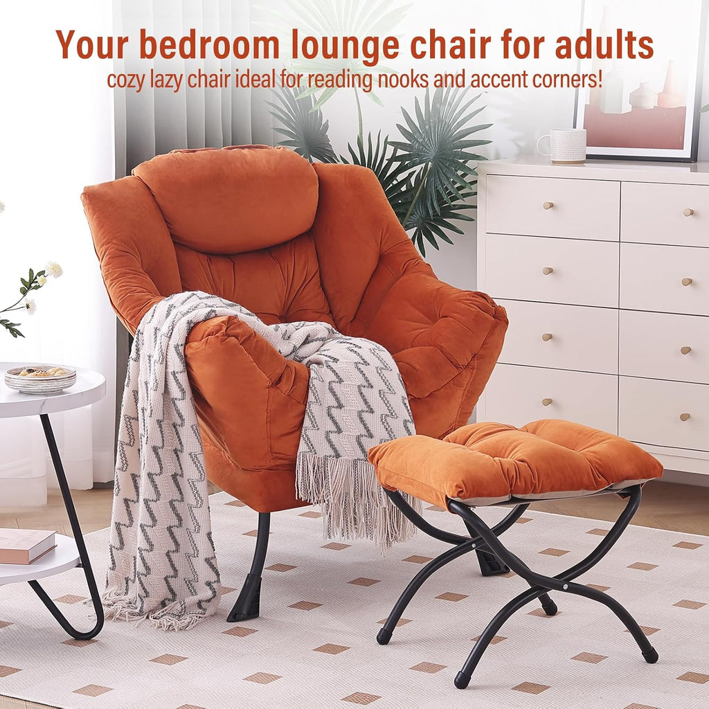 Lazy Chair with Ottoman, Modern Accent Chair with Armrests and a Side Pocket, Velvet Orange Accent Chairs, Reading