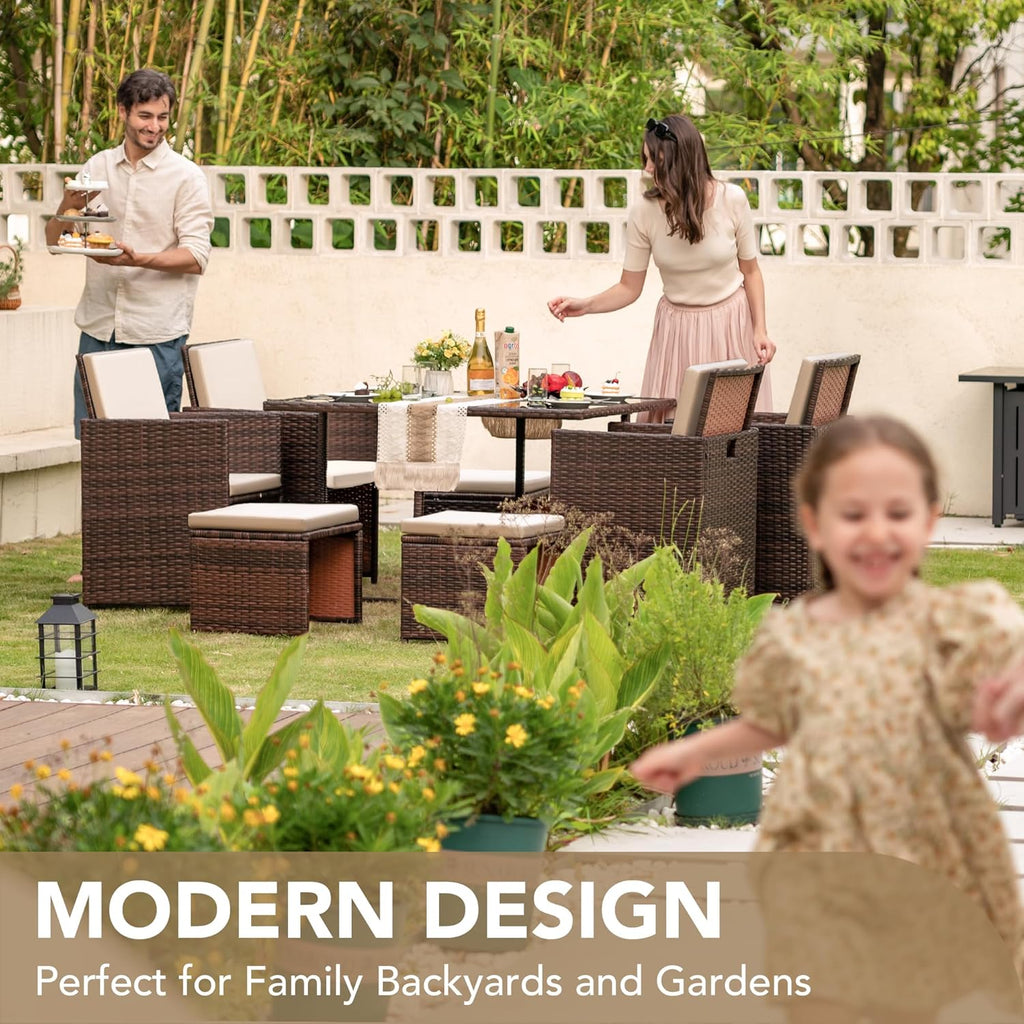 9 Pieces Patio Dining Sets Outdoor Space Saving Rattan Chairs with Glass Table Patio Furniture Sets Cushioned Seating