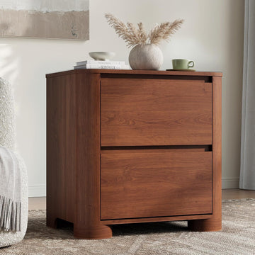 Walnut Nightstand with Charging Station, 23.6" Modern Night Stand with Unique Thickened Foot and 2 Storage Drawers
