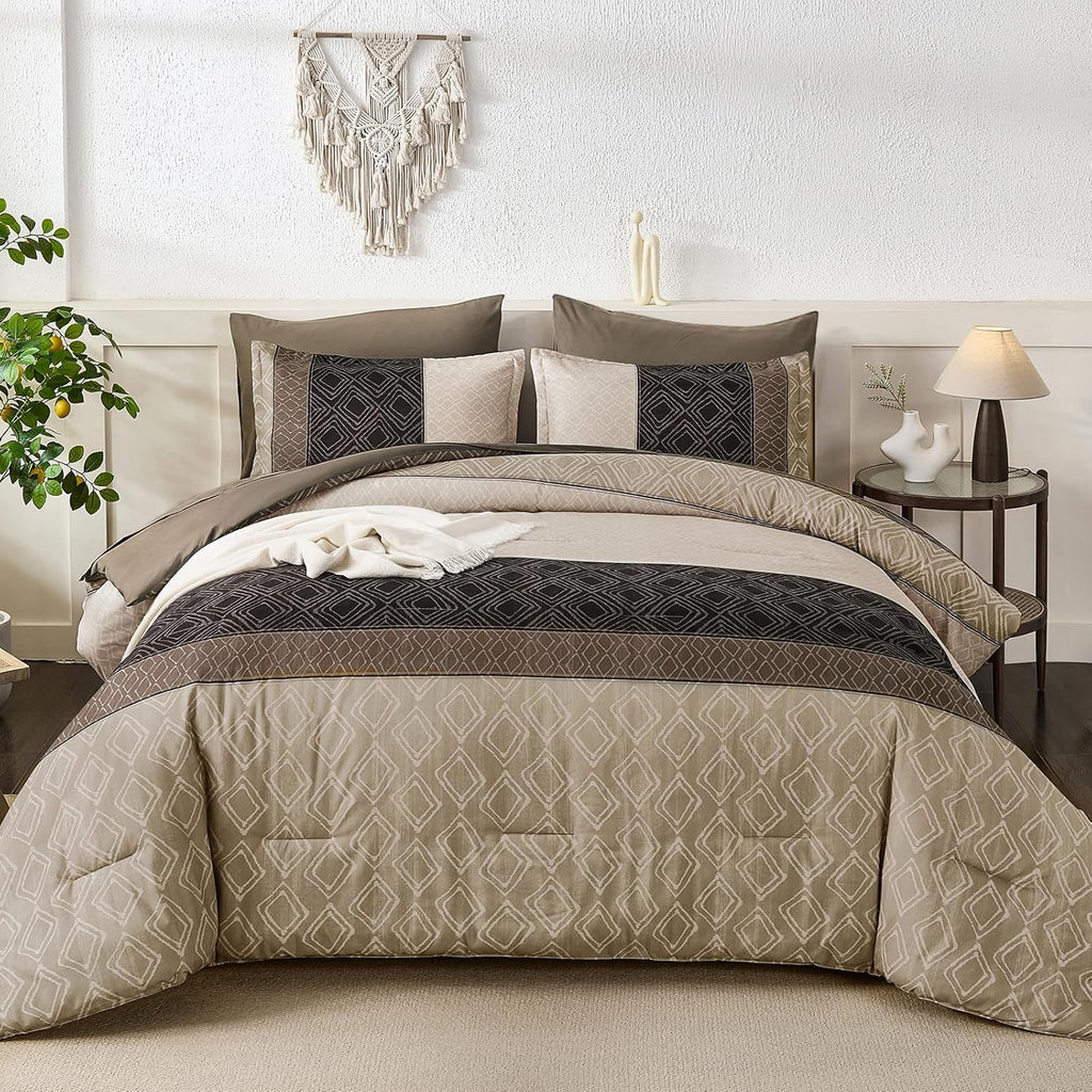 Boho Comforter Set Light Brown,7 Piece Bed in a Bag Warm Striped Bedding Sets with Plaid Fall