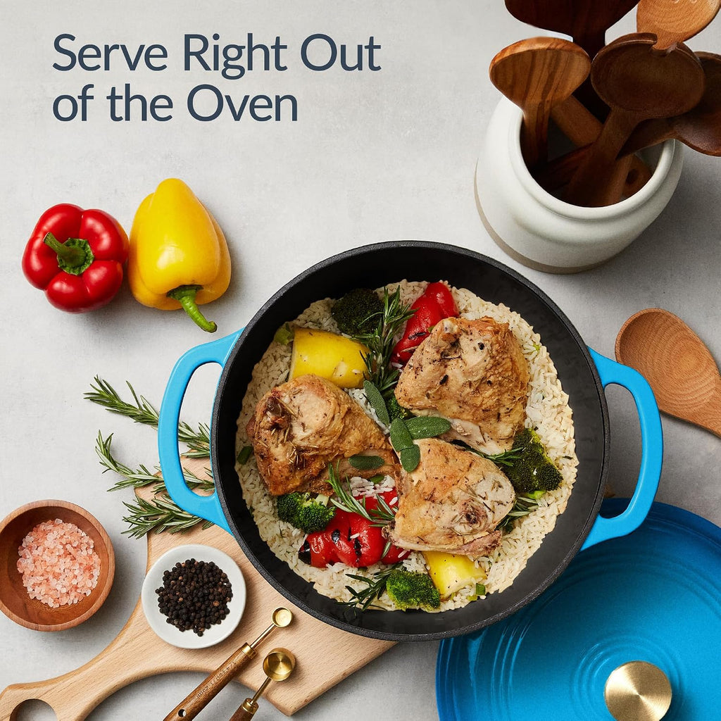 6-Piece Cast Iron Cookware Set, Ceramic Coated 6Qt Dutch Oven, 2Qt Skillet W/Lid, 10" Grill Pan W/Press, Non-toxic