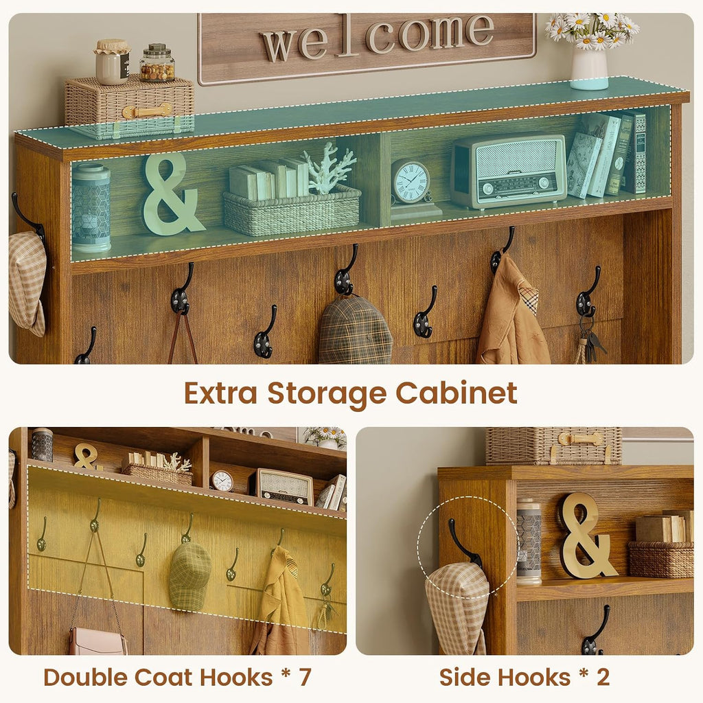 Hall Tree with Bench and Shoe Storage, 5-in-1 Entryway Bench with Coat Rack, 10 Shoe Cubbies & 9 Coat Hooks, Barn