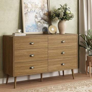 Dresser Wide Mid Century Modern Chest of Drawers,Wooden Bedroom Dresser with 6 Storage Drawers ,Oak
