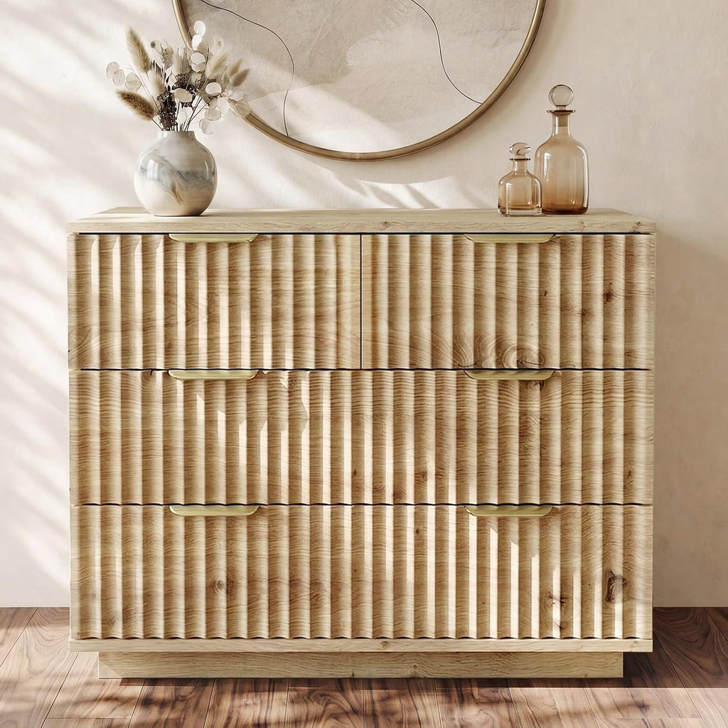 Oversized Fluted Night Stand with Drawers, Natural Wood Grain Bedside Table with 4 Extra Deep Drawers & Gold Metal