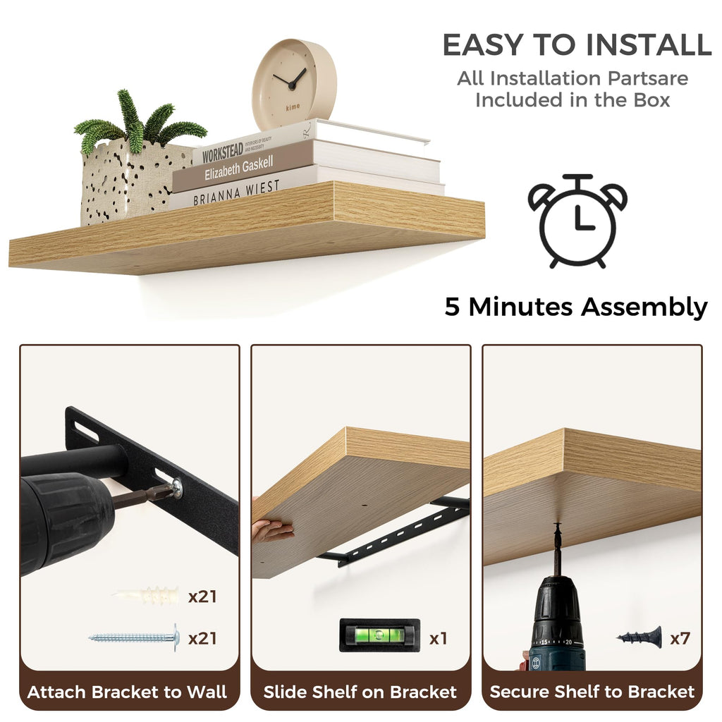 48" Wide x 9" Deep Floating Shelves for Wall, Oak Finish, 2-Pack