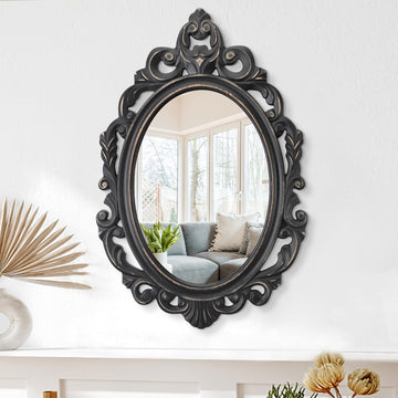 Oval Mirror Black Wooden Hanging Mirrors Carved Wall Mirror Baroque Style Frame Rustic Vintage Decorative Aesthetic