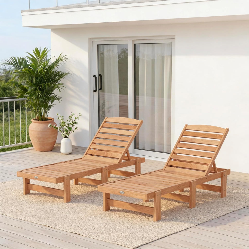 Solid Wood Chaise Lounge, Outdoor Lounge Chair Teak Oil Finished | 5-Position Adjustable Backrest, Wooden Patio