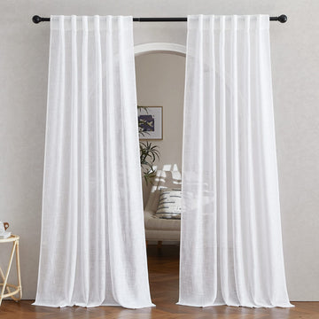 White Linen Sheer Curtains 90" Length, Rod Pocket & Back Tab Window Treatments Semi Sheer Curtain Drapes Privacy with