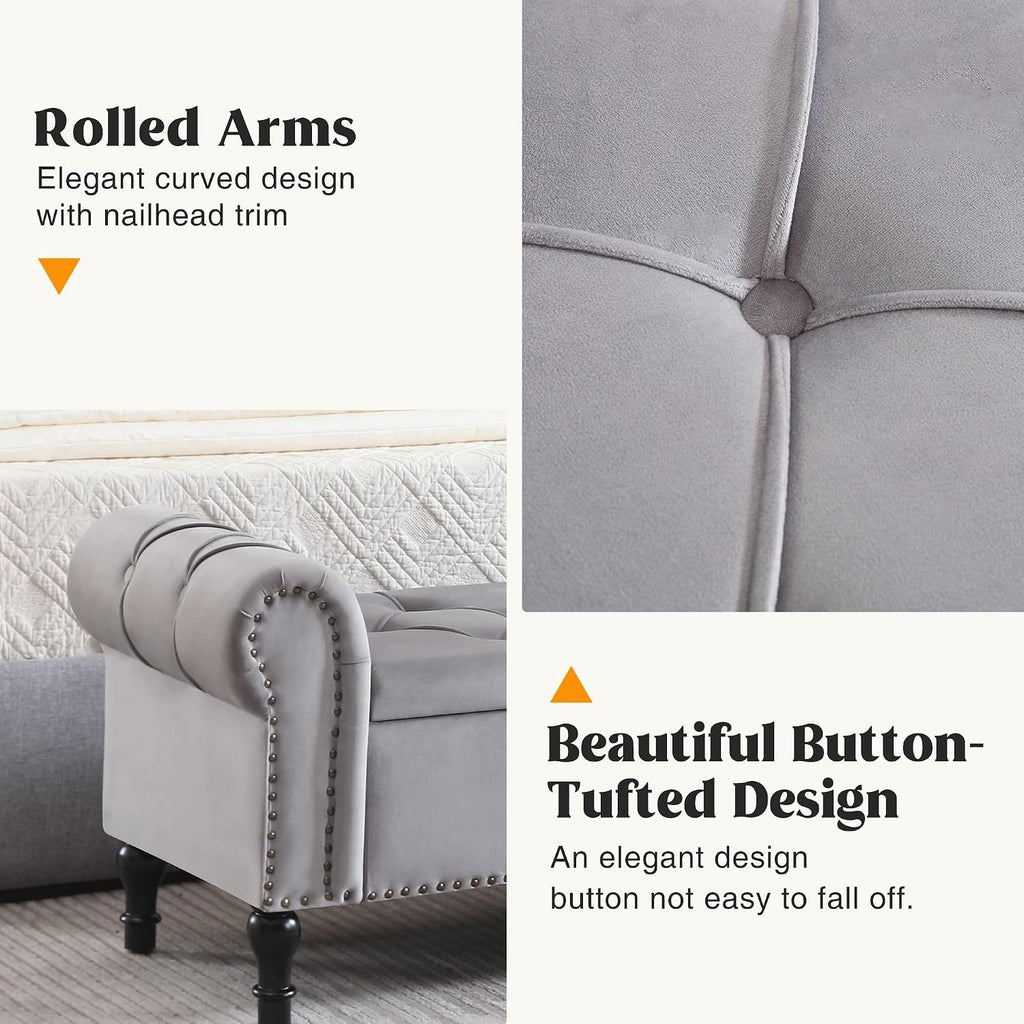Velvet Storage Bench 67 Inch Upholstered Tufted Ottoman Bench with Arms King Size End of Bed Bench Living Room