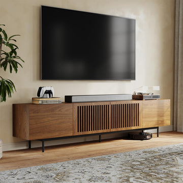 Full Assembled Mid-Century Modern TV Stand with Slatted Doors, Wood Media Console for 80 85+ Inch TV, TV Console with