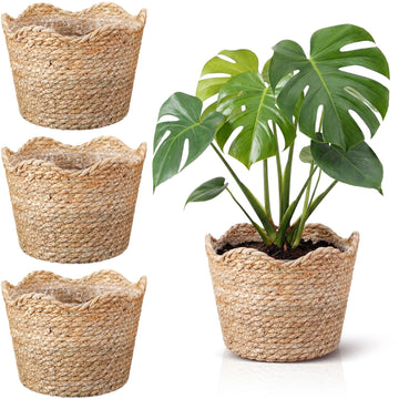 4 Pcs Large Seagrass Planter Basket with Plastic Lining Wicker Planter Basket Weaved Baskets for Plants Laundry