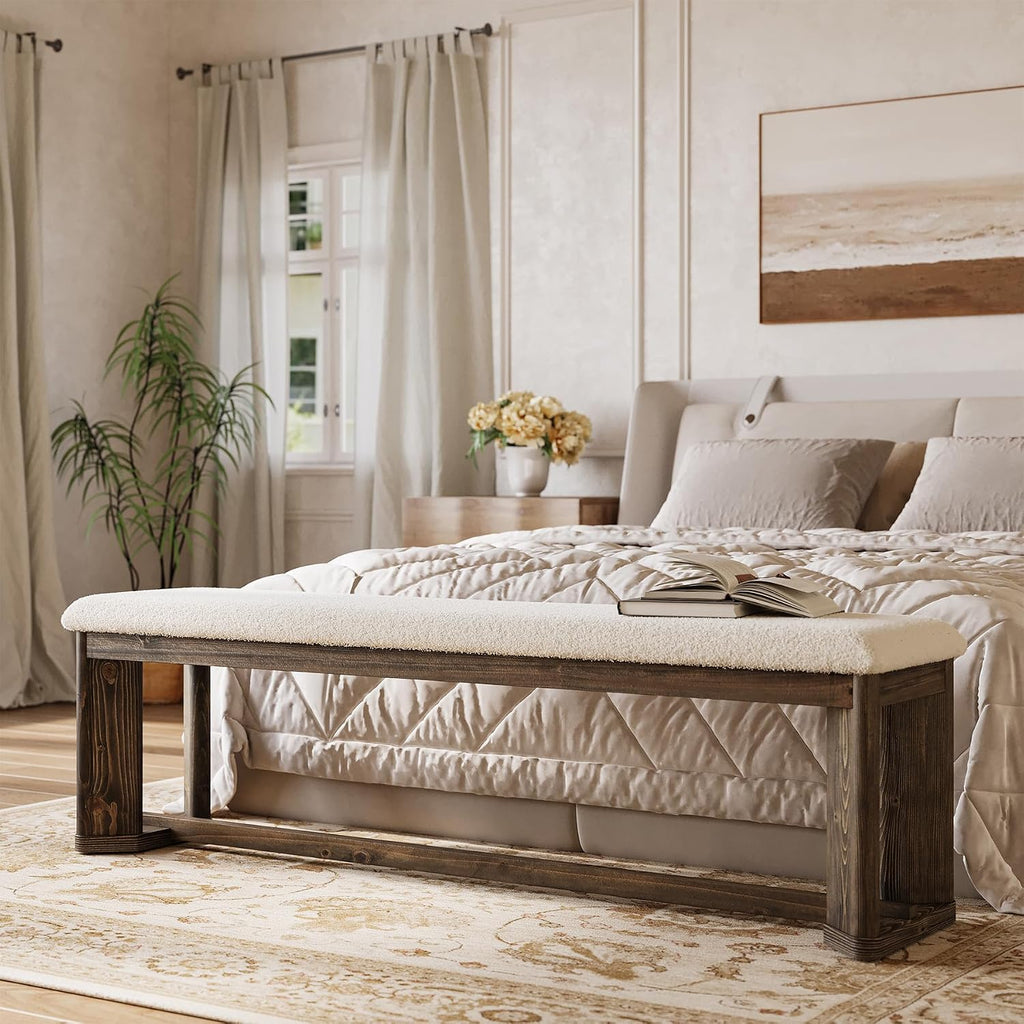 63" Upholstered Bench, Solid Wood Entryway Shoe Bench with Cushion, Long Modern Farmhouse End of Bed Bench with