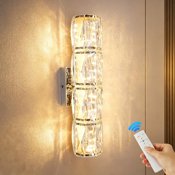 Luxury Chrome Crystal Wall Sconces, Modern Indoor Dimmable Wall Light Fixture with Remote Control, LED K9 Crystal