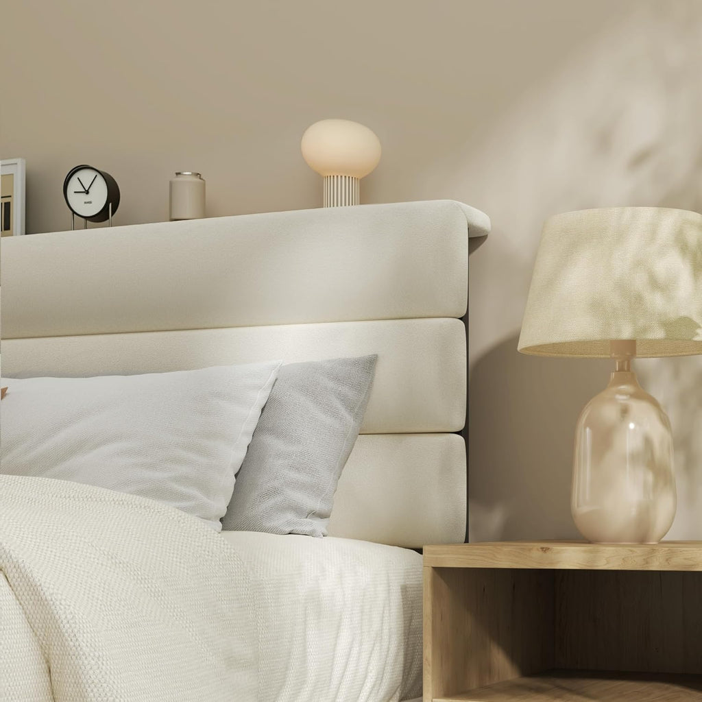 Queen Bed Frame, Platform Bed Frame with Velvet Upholstered Headboard, No Box Spring Needed, Sturdy Metal Support