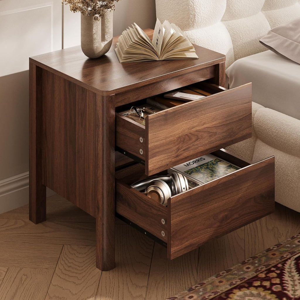 Walnut Nightstands Set of 2, Mid Century Modern Bedside Table with Hidden Handles and Wood Legs, Wooden End Table