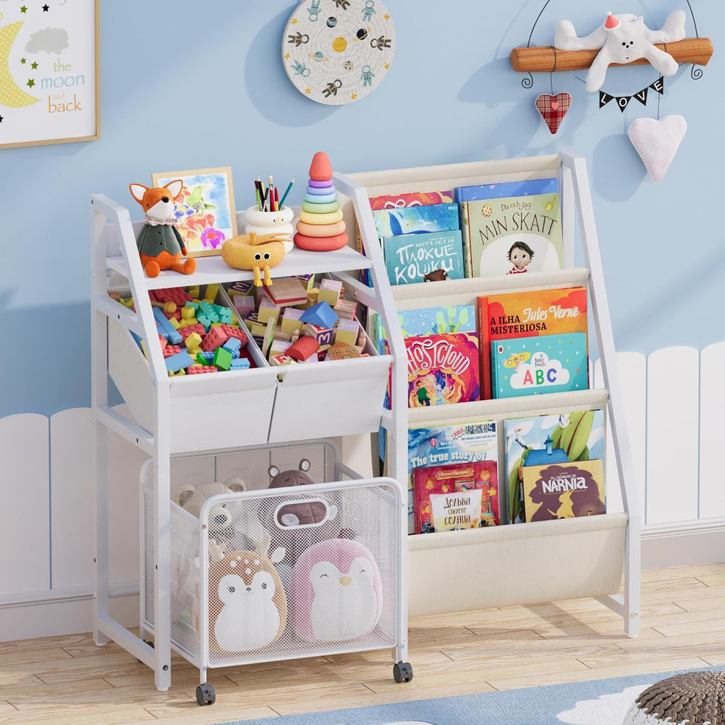 Kids Bookshelf Toy Storage Organizer & 2 Bins,3 Tier White | Kids Bookcase Equipped With Movable Drawer And 2 Toy