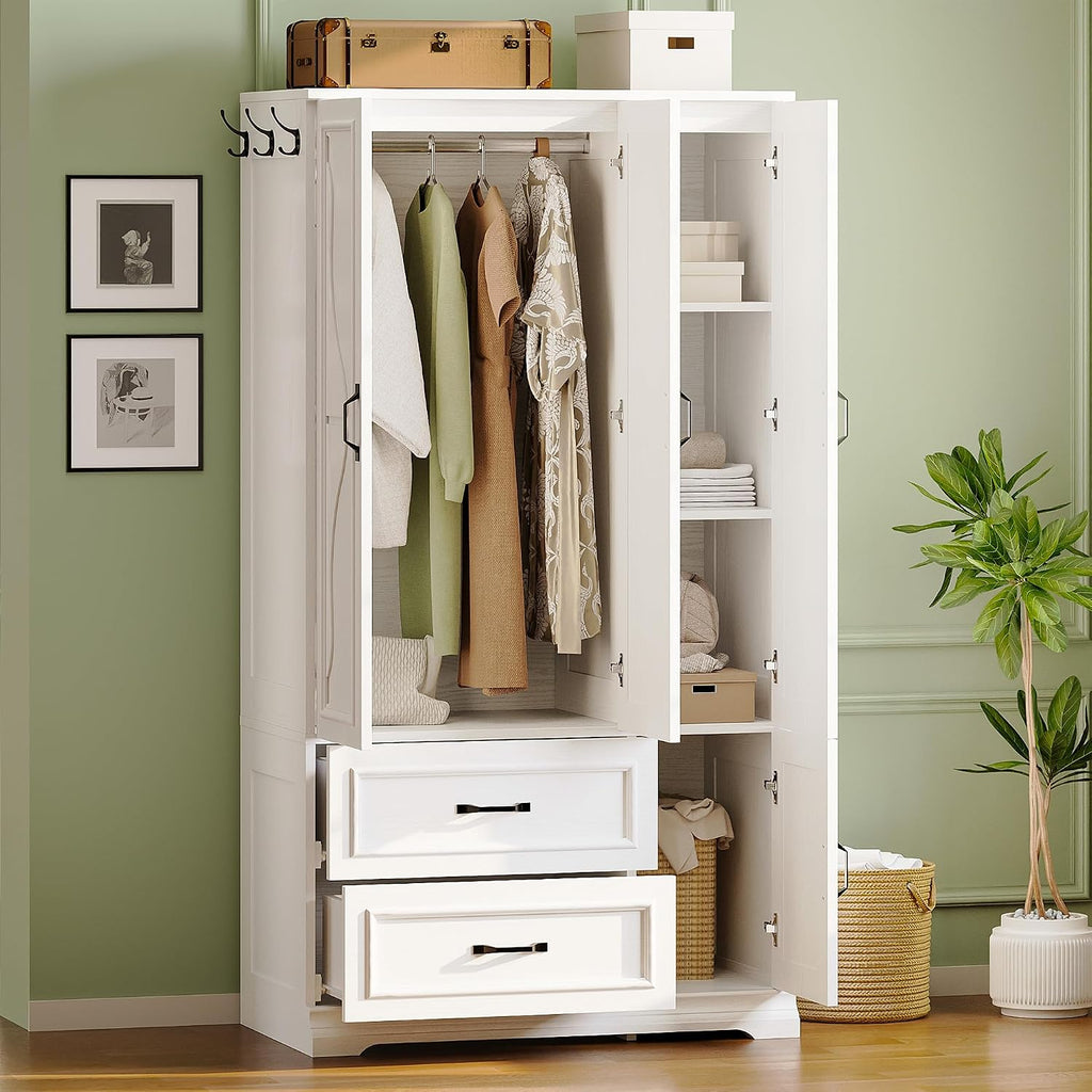 Armoire Wardrobe Closet with 4 Doors and Drawers, White | Wardrobe Cabinet with Storage Shelves and Side Hooks